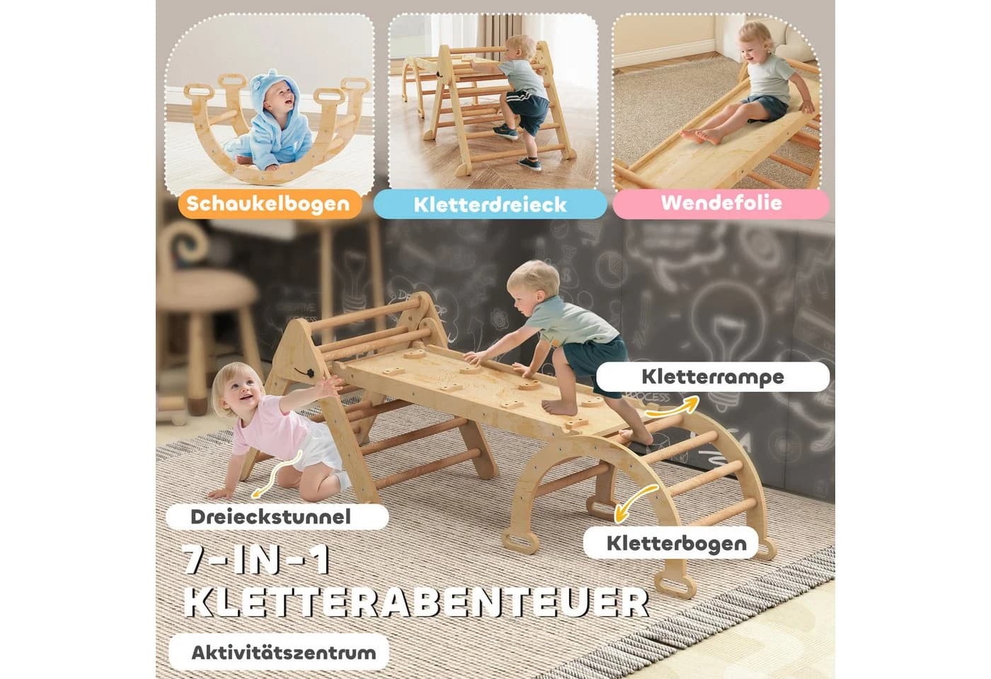AIYAPLAY Klettergerüst mit Rutsche, Bogen, 7-in-1 Montessori Indoor Spielplatz, Naturholz - Bild 4