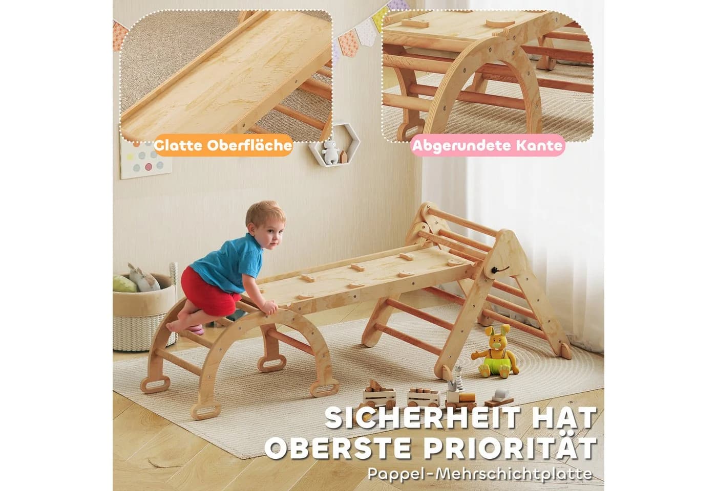 AIYAPLAY Klettergerüst mit Rutsche, Bogen, 7-in-1 Montessori Indoor Spielplatz, Naturholz - Bild 5