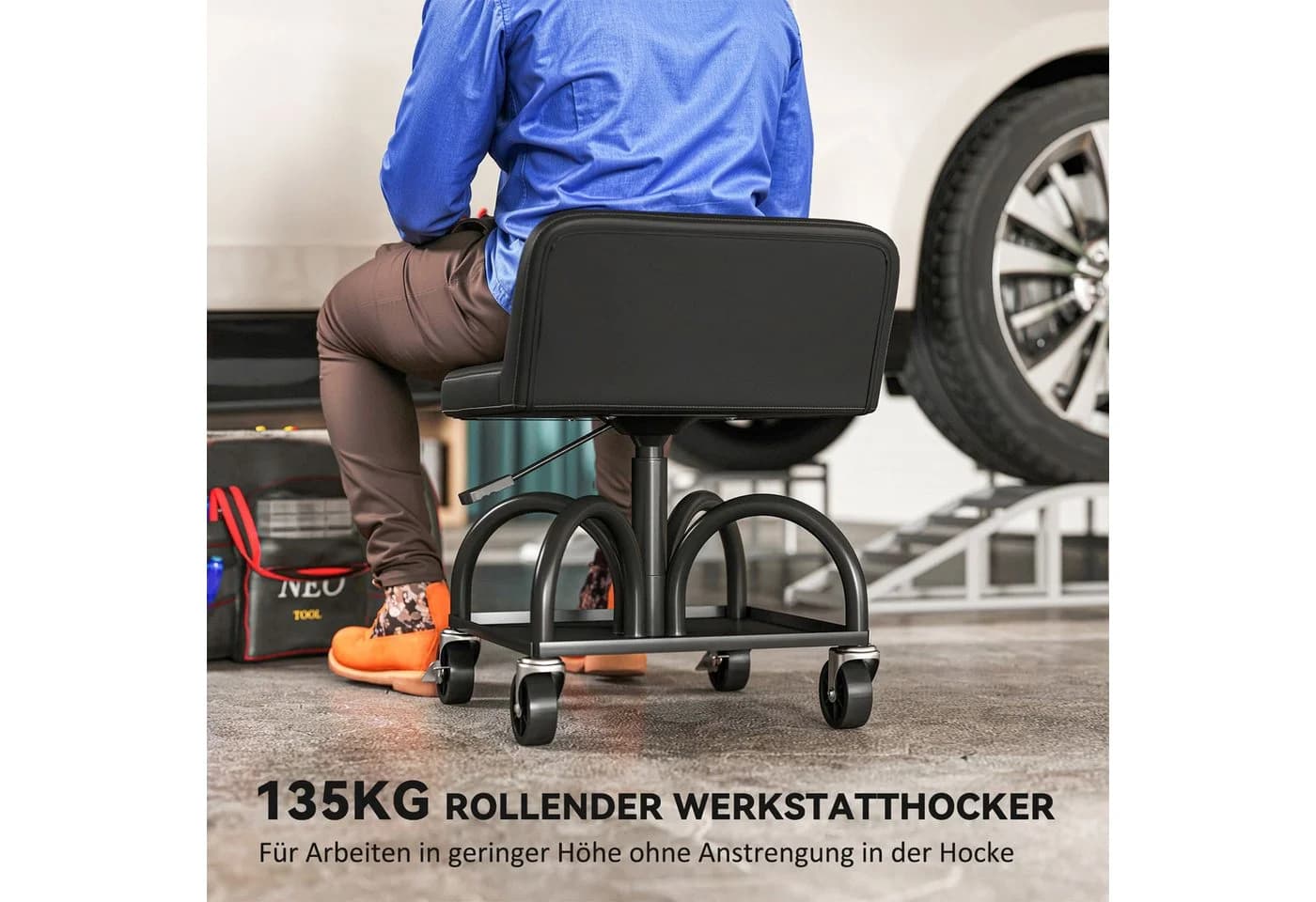 HOMCOM Werkstatthocker mit Rollen, Ablagefläche, Lendenstütze, Schwarz - Bild 4