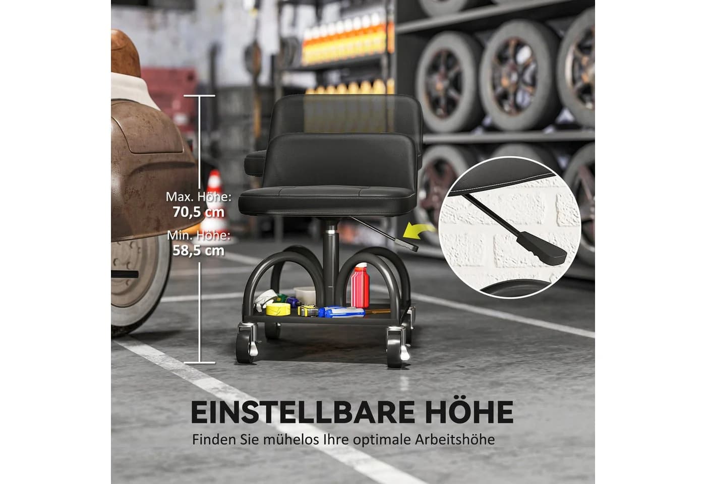 HOMCOM Werkstatthocker mit Rollen, Ablagefläche, Lendenstütze, Schwarz - Bild 5