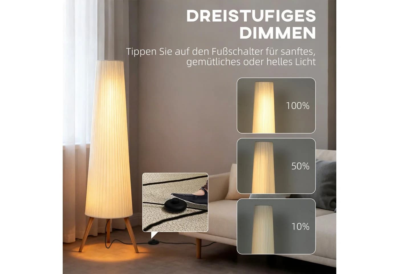 HOMCOM Stehlampe Dimmbar Stehleuchte mit Dreibein, Fußschalter, LED fest integriert, Warmweiß - Bild 4