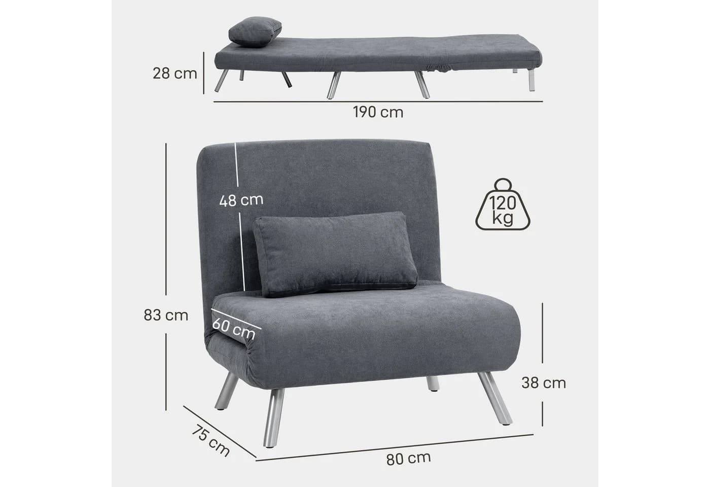 HOMCOM Schlafsofa Dunkelgrau mit verstellbarer Rückenlehne und Samtoptik - Bild 3