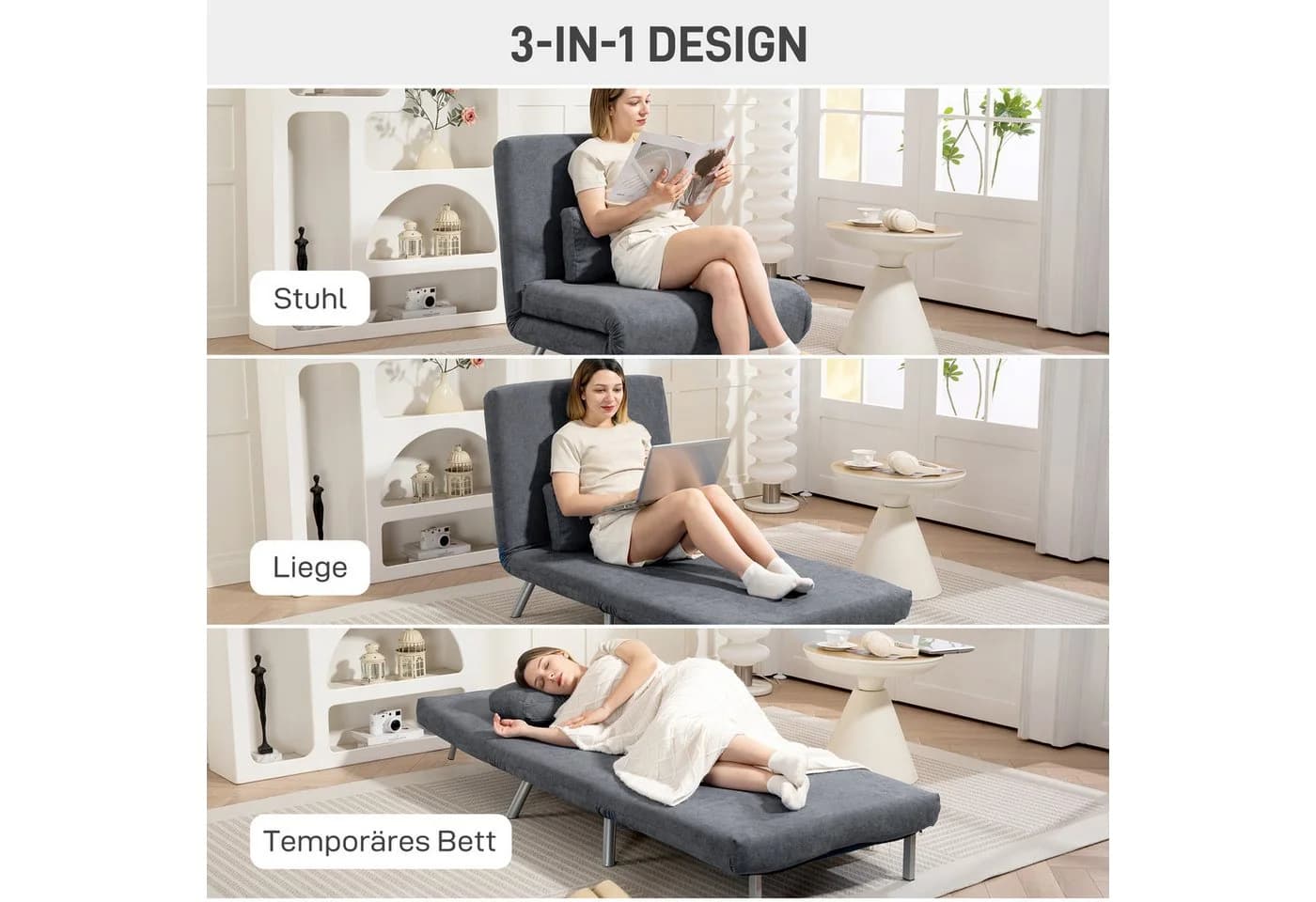 HOMCOM Schlafsofa Dunkelgrau mit verstellbarer Rückenlehne und Samtoptik - Bild 4