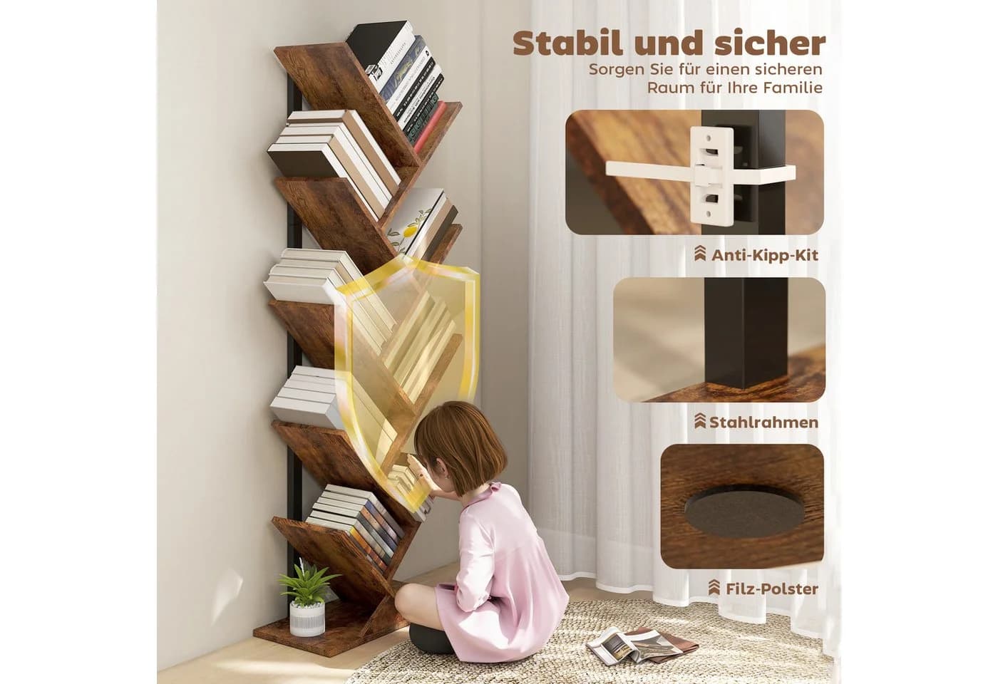 HOMCOM Bücherregal 9 Ebenen Baumform Rustikal Braun - Bild 5