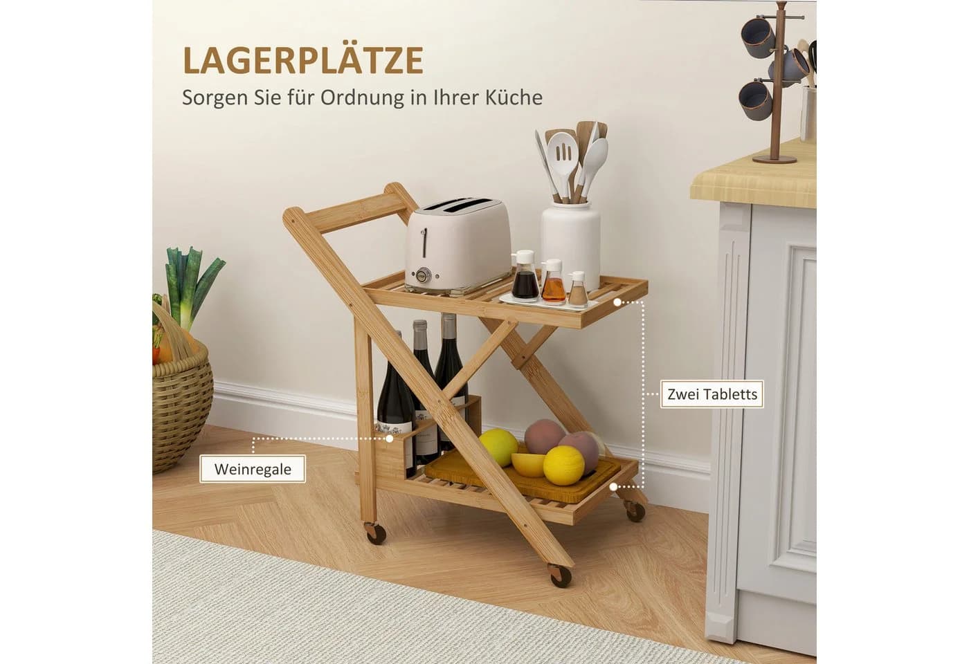 HOMCOM Servierwagen Küchenwagen mit Weinregal, Arbeitsplatte, 2 Ebenen - Bild 4