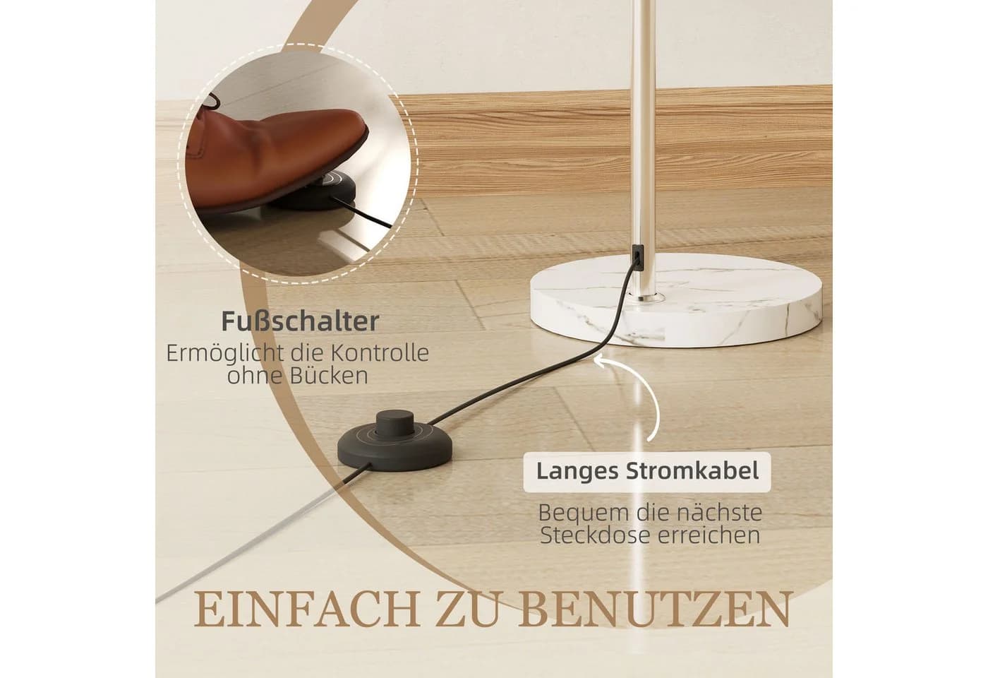 HOMCOM Stehlampe mit Marmorsockel, Lampenschirm, Fußschalter, E27 Fassung, Ein-,Ausschalter, ohne Leuchtmittel, für Schlafzimmer Büro - Bild 5