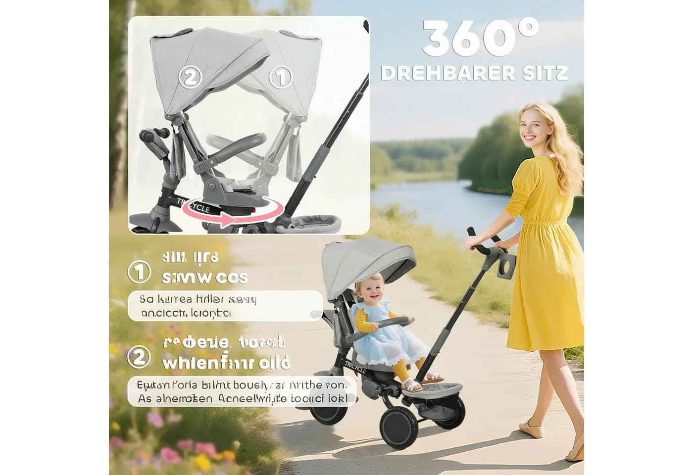AIYAPLAY Kinderdreirad 6in1 Grau mit Schubstange und Korb - Bild 5