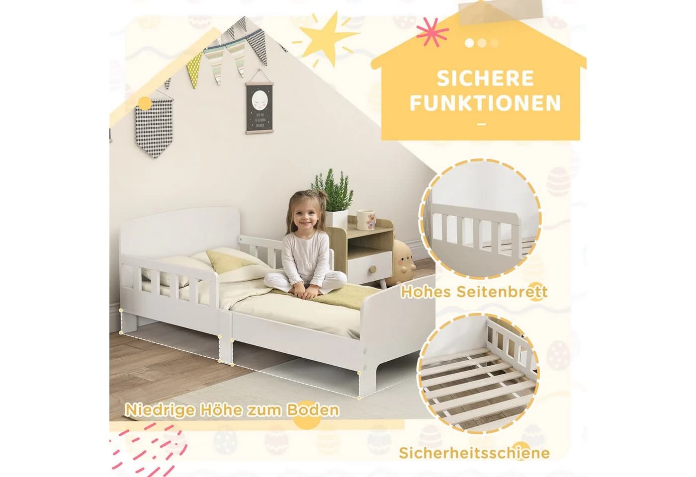 AIYAPLAY Kinderbett mit Rausfallschutz und Lattenrost Weiß - Bild 4