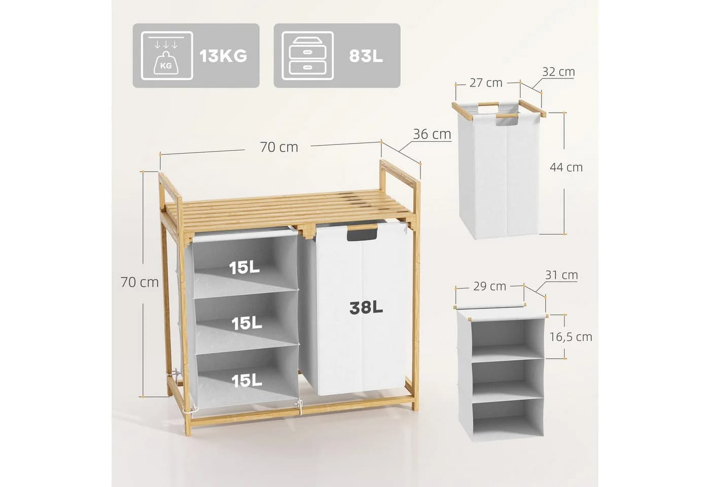 HOMCOM Wäschekorb mit 2 Wäschesäcken Bambus Weiß - Bild 3