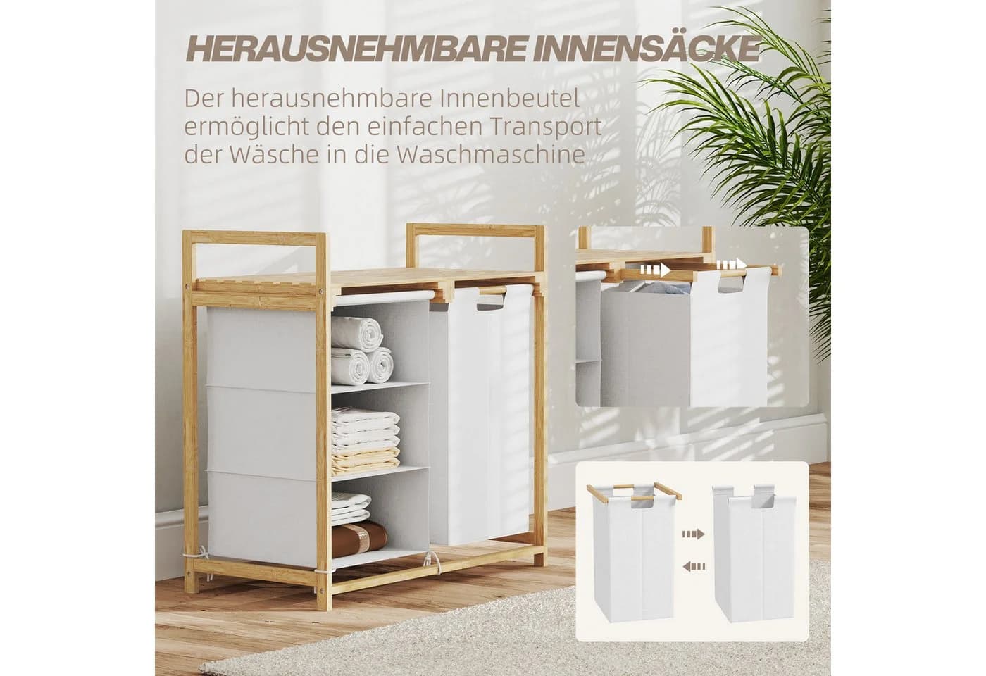 HOMCOM Wäschekorb mit 2 Wäschesäcken Bambus Weiß - Bild 5