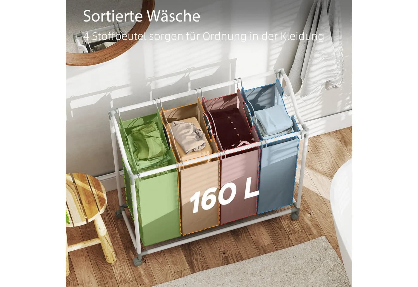 HOMCOM Wäschekorb mit 4 Fächern, Rädern, herausnehmbarer Wäschesack Grau - Bild 4