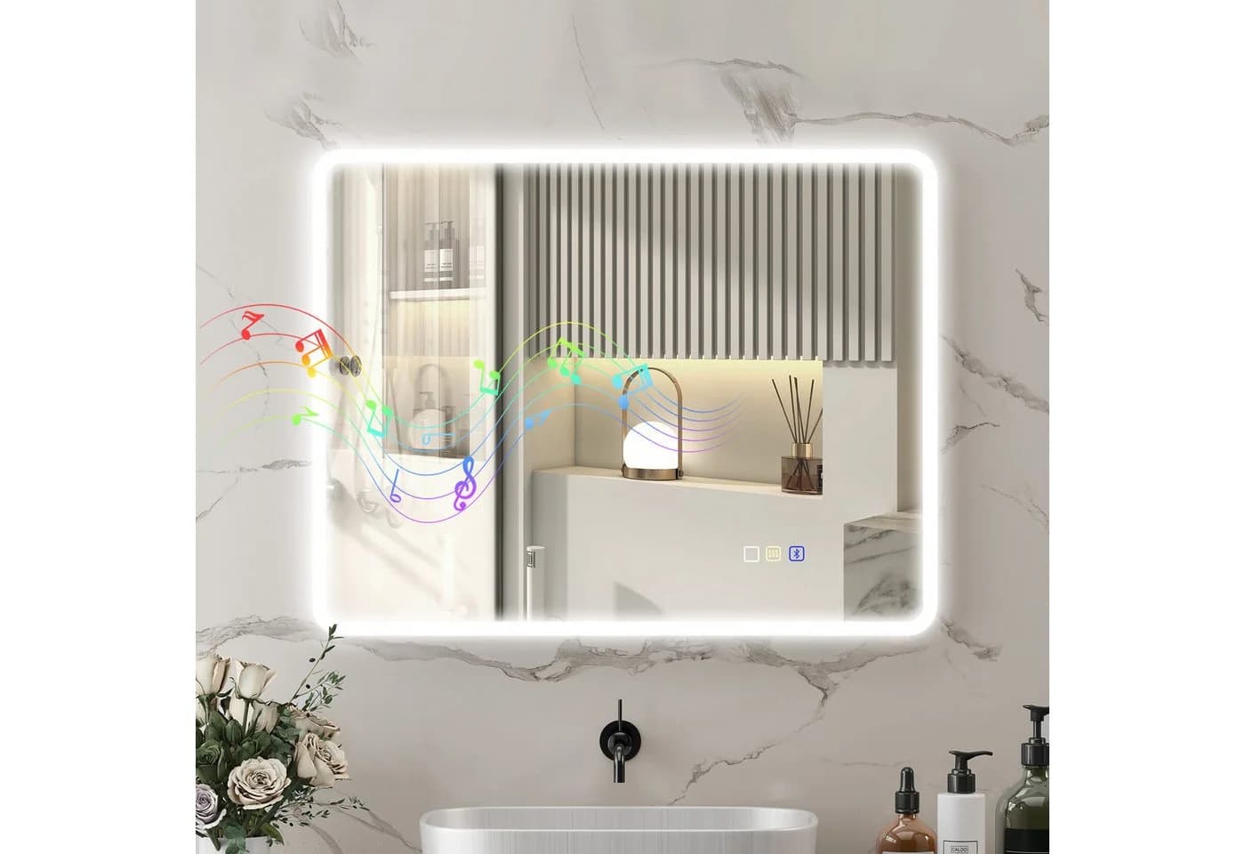 HOMCOM Badspiegel mit Beleuchtung, Bluetooth, Touchschalter, Memory-Funktion, Beschlagfrei, Silber - Bild 2