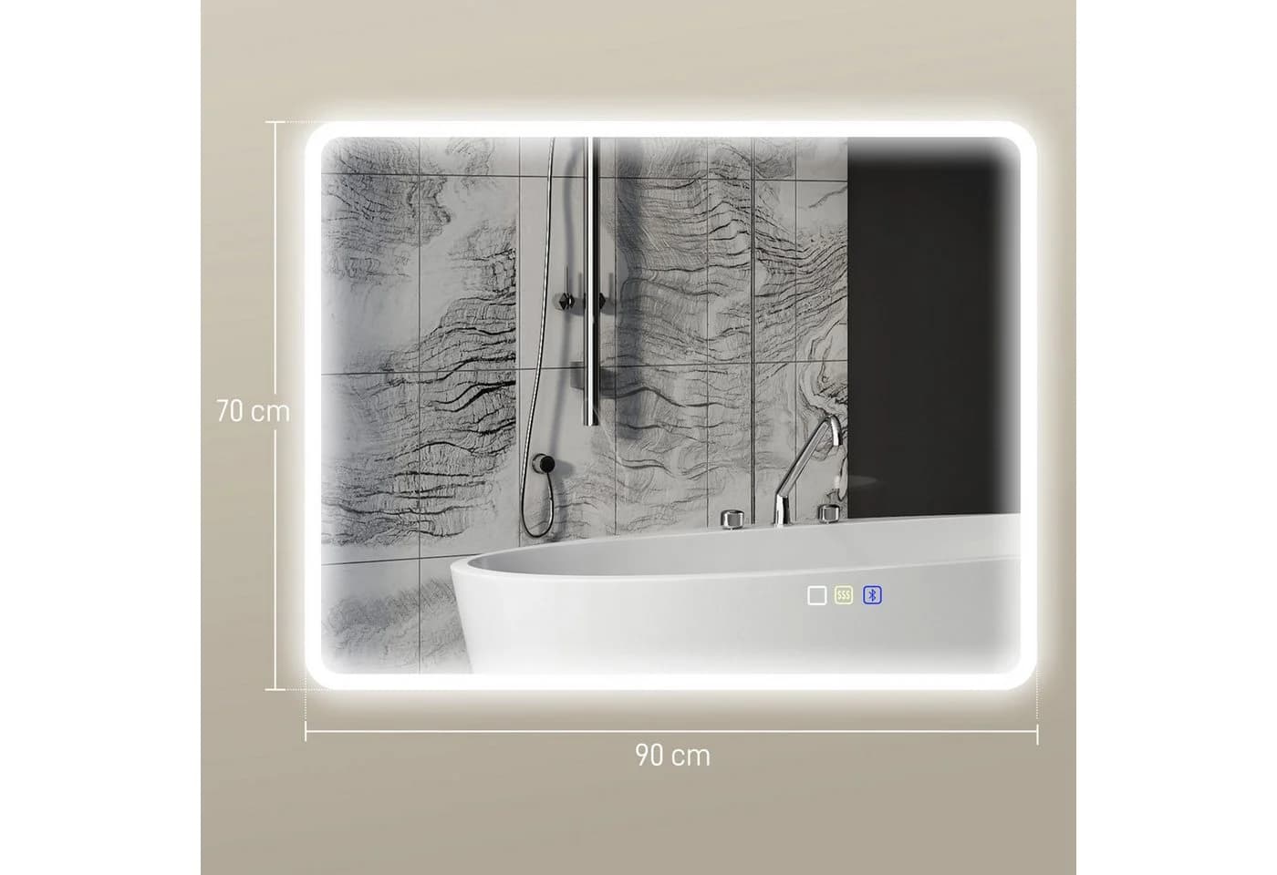 HOMCOM Badspiegel mit Beleuchtung, Bluetooth, Touchschalter, Memory-Funktion, Beschlagfrei, Silber - Bild 3