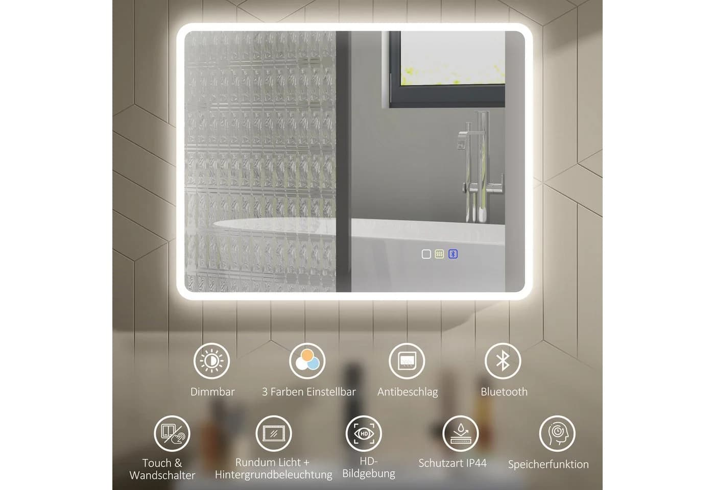 HOMCOM Badspiegel mit Beleuchtung, Bluetooth, Touchschalter, Memory-Funktion, Beschlagfrei, Silber - Bild 4