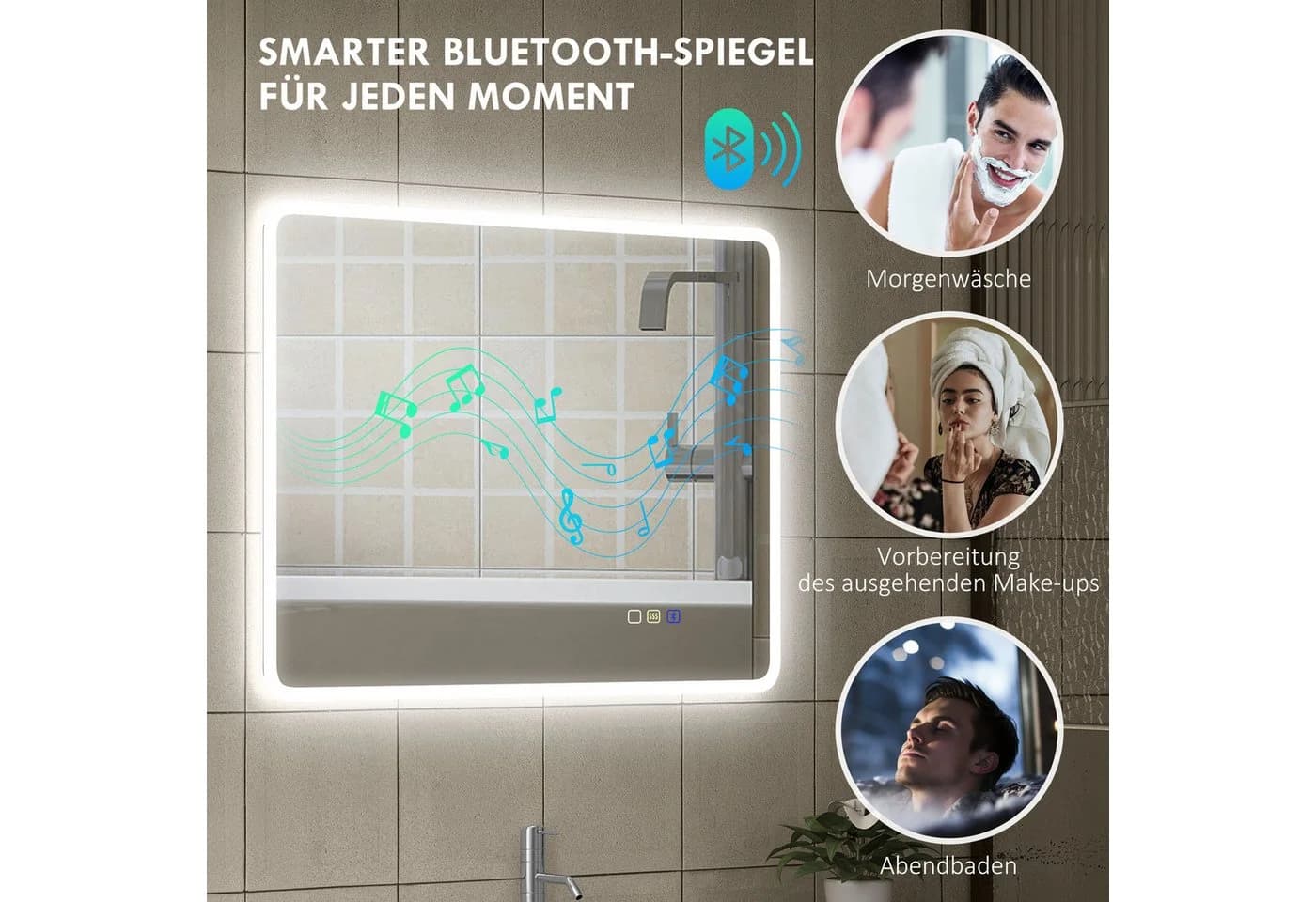 HOMCOM Badspiegel mit Beleuchtung, Bluetooth, Touchschalter, Memory-Funktion, Beschlagfrei, Silber - Bild 5