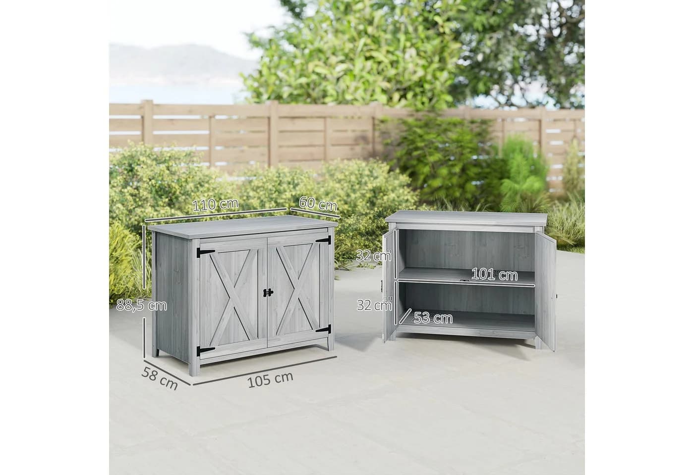 Outsunny Gartenschrank aus Holz Hellgrau mit Tür und Regal - Bild 3