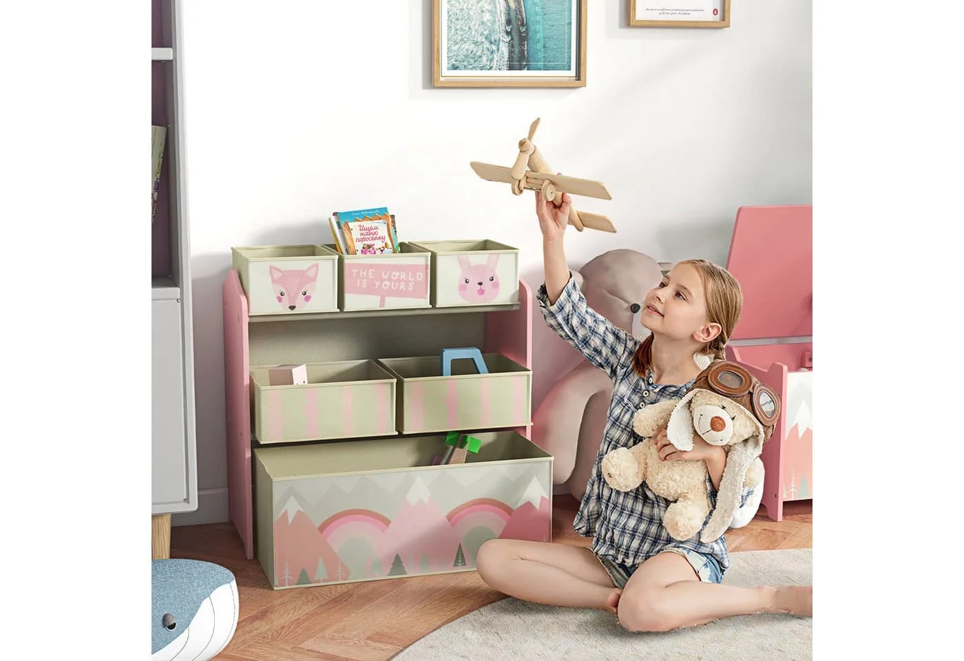 ZONEKIZ Kinderregal mit 6 herausnehmbaren Aufbewahrungsboxen aus Vliesstoff