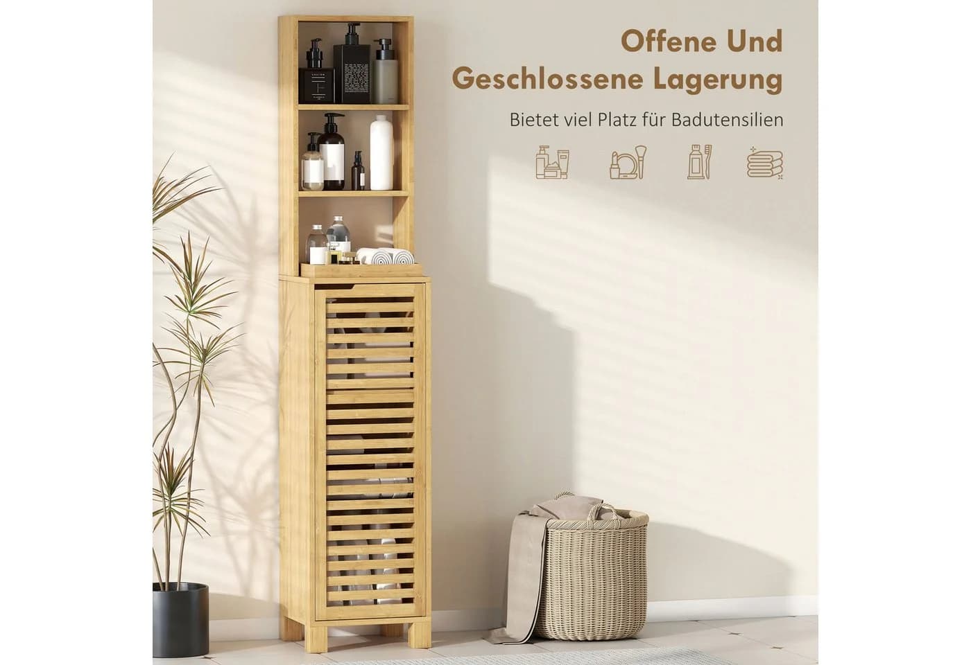 HOMCOM Badkommode mit 3 offenen Regalen, verstellbaren Regalen, Lamellentür - Bild 4