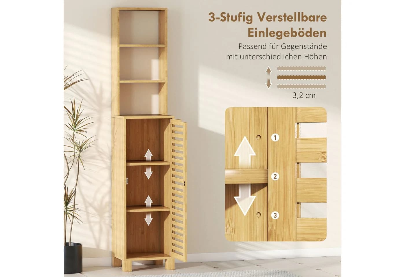 HOMCOM Badkommode mit 3 offenen Regalen, verstellbaren Regalen, Lamellentür - Bild 5