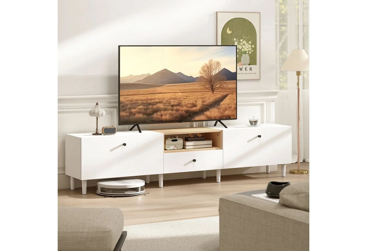 HOMCOM TV-Board für Fernseher bis zu 90 Zoll Weiß Naturholz - Bild 2