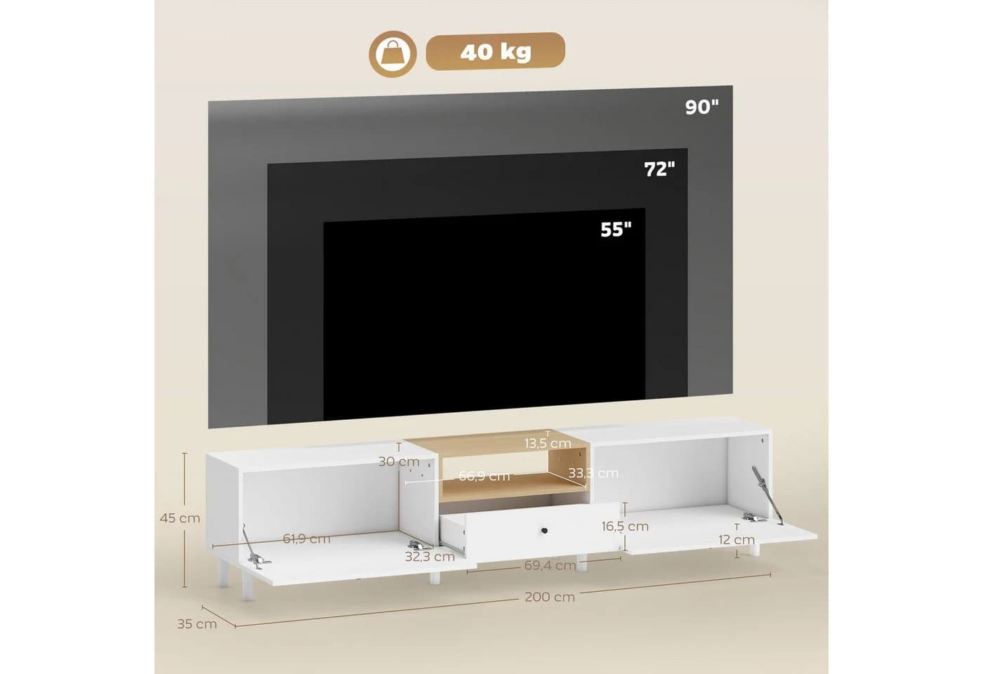 HOMCOM TV-Board für Fernseher bis zu 90 Zoll Weiß Naturholz - Bild 3
