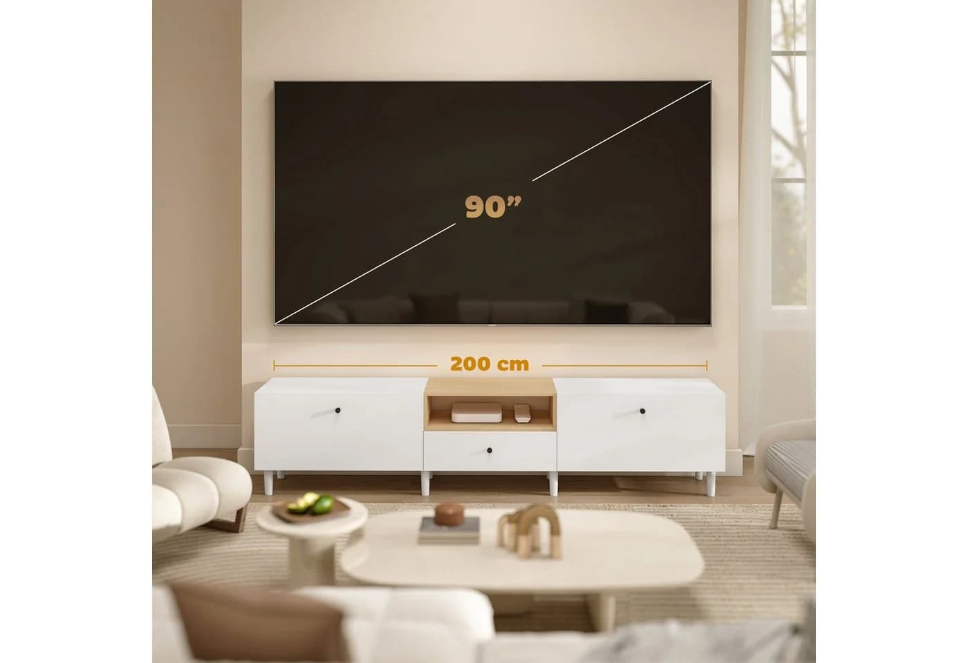 HOMCOM TV-Board für Fernseher bis zu 90 Zoll Weiß Naturholz - Bild 5