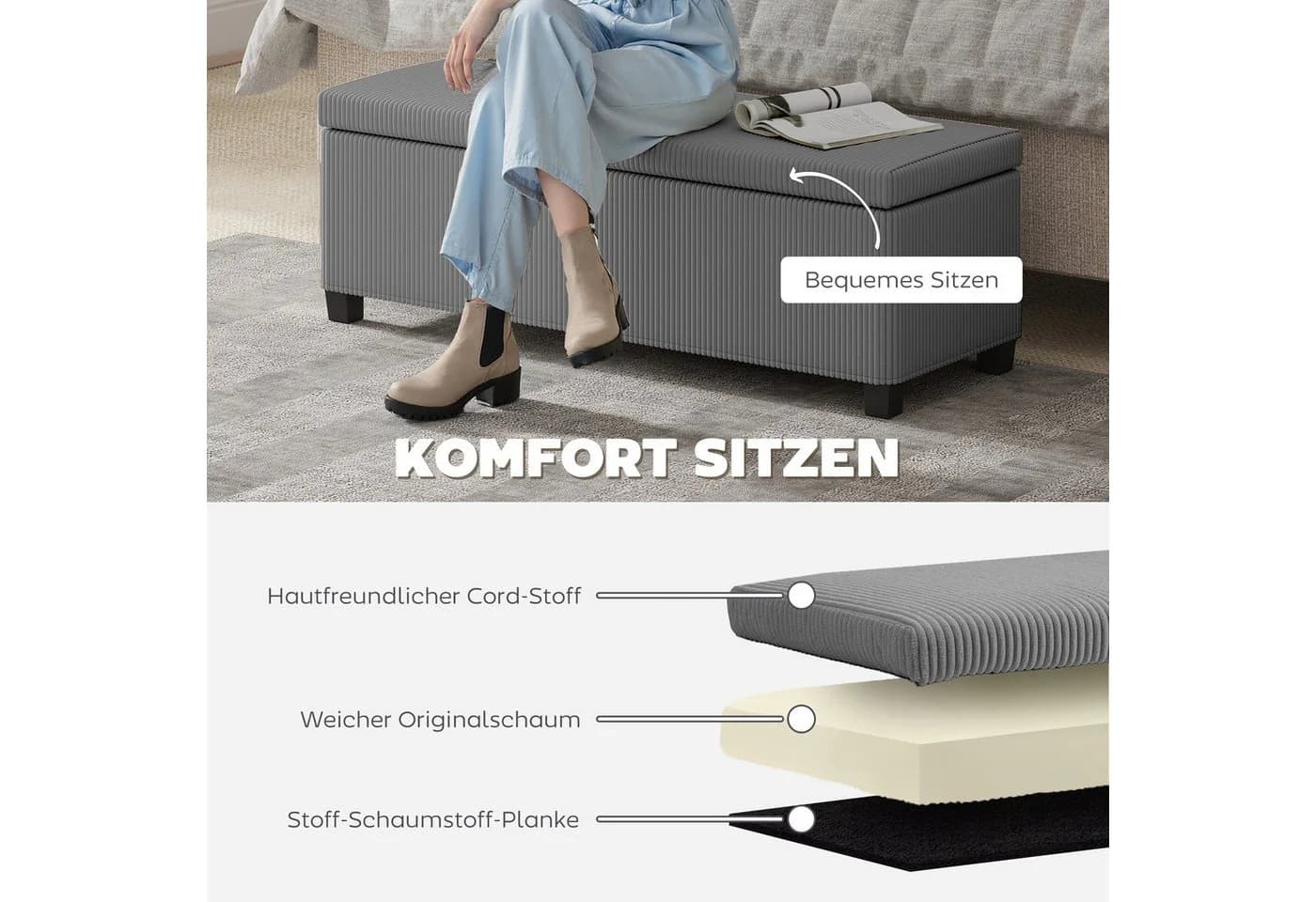 HOMCOM Sitzbank mit Stauraum Grau Polsterhocker - Bild 5