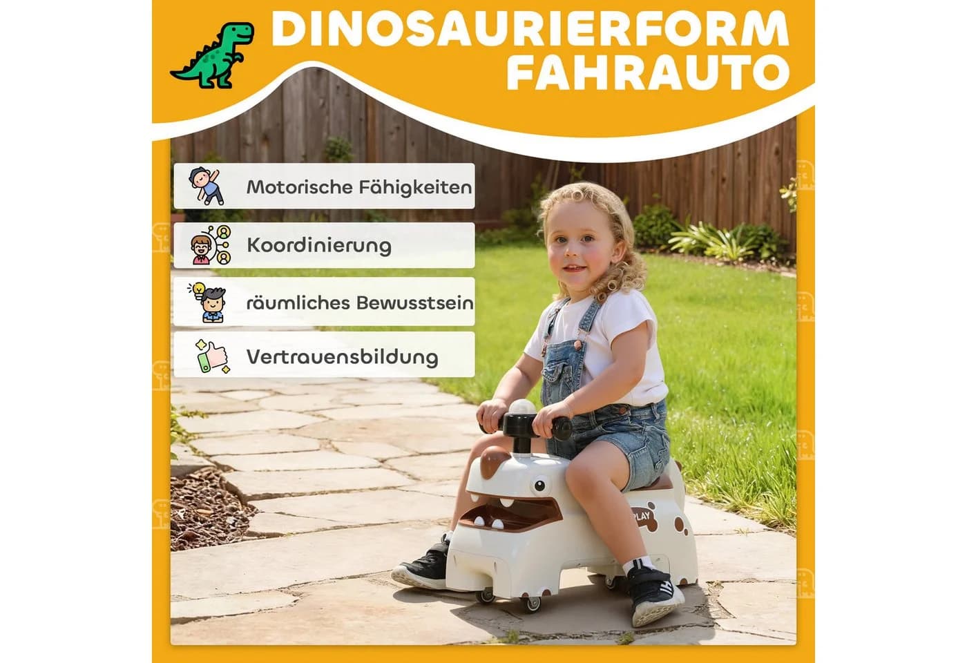AIYAPLAY Rutschauto Dinosaurier mit Licht Musik Stauraum Cremeweiß - Bild 4