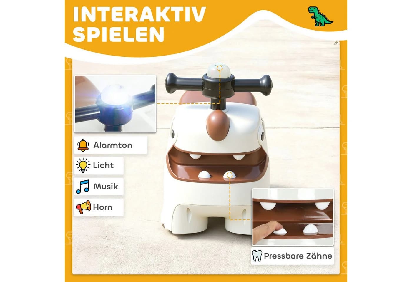 AIYAPLAY Rutschauto Dinosaurier mit Licht Musik Stauraum Cremeweiß - Bild 5