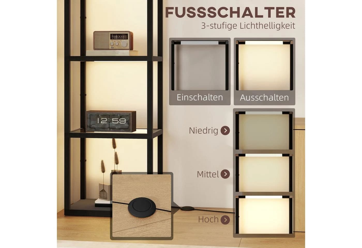 HOMCOM Stehlampe mit Regal Schwarz MDF Glas - Bild 5