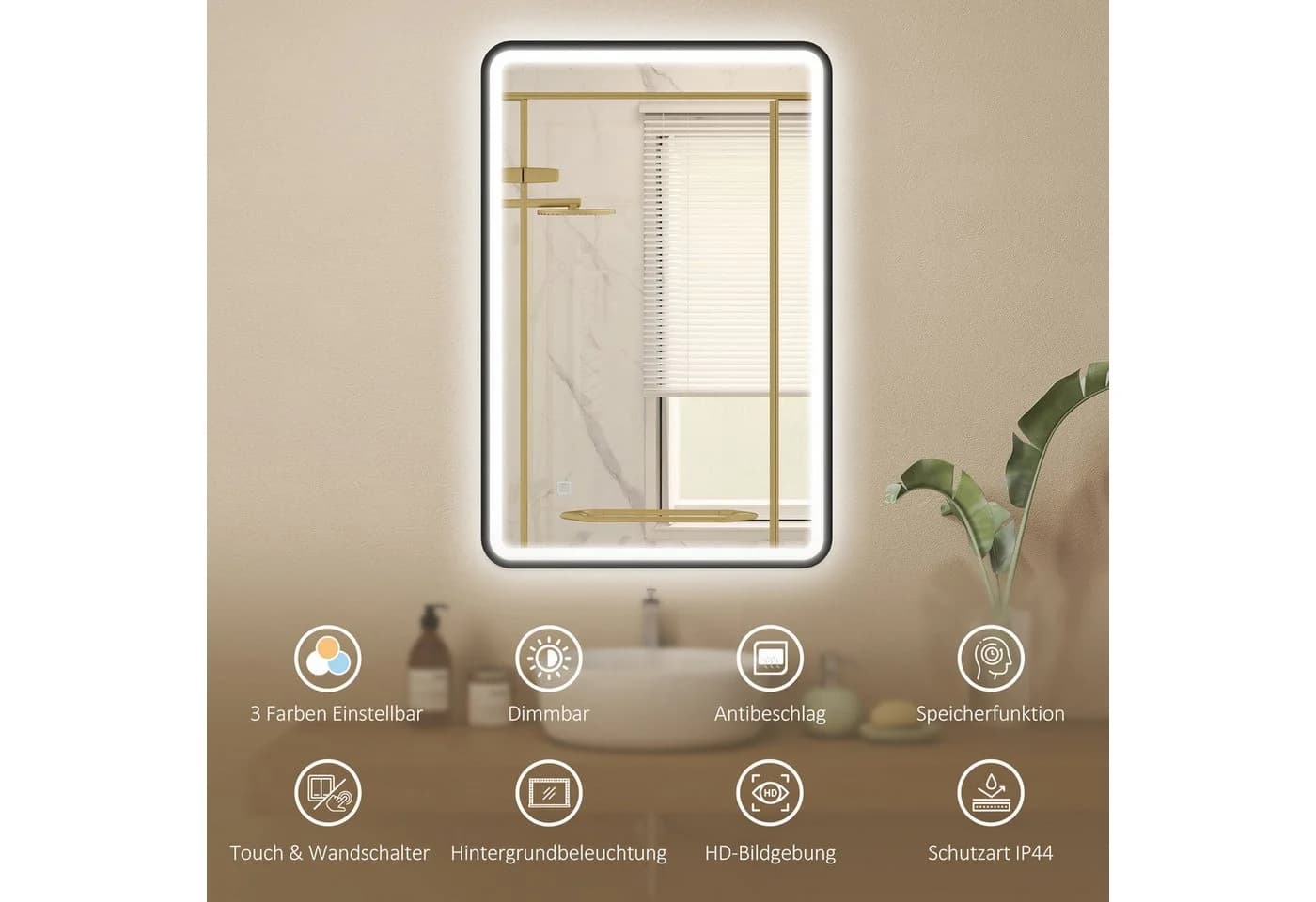 HOMCOM LED Badezimmerspiegel 3 Farben Memory-Funktion Beschlagfrei Wandspiegel Schwarz - Bild 4