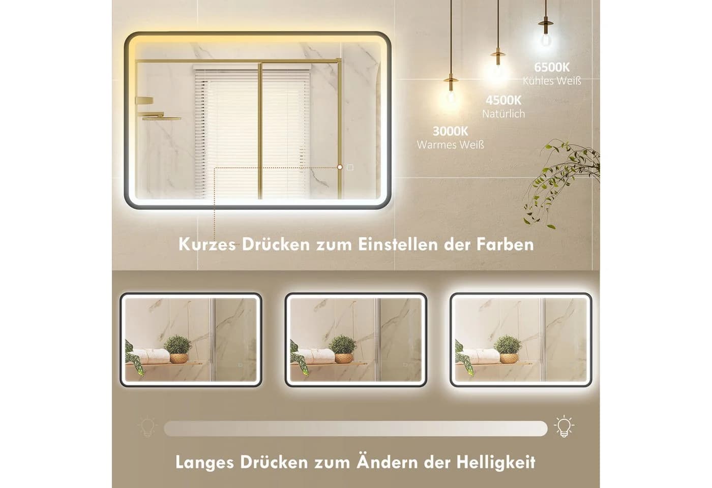 HOMCOM LED Badezimmerspiegel 3 Farben Memory-Funktion Beschlagfrei Wandspiegel Schwarz - Bild 5
