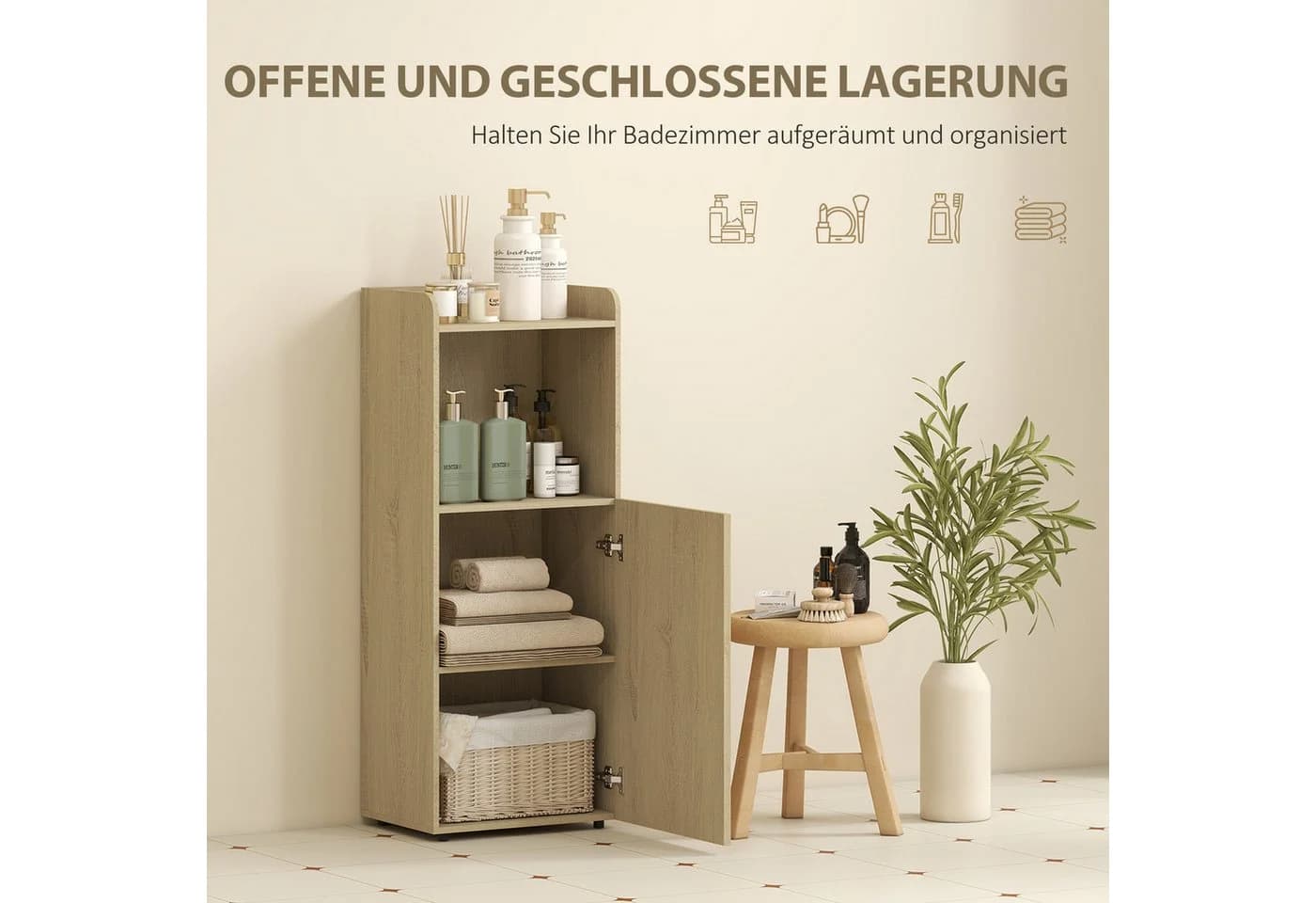 HOMCOM Badkommode 3-stufig verstellbares Regal, Melaminoberfläche, Eiche - Bild 4