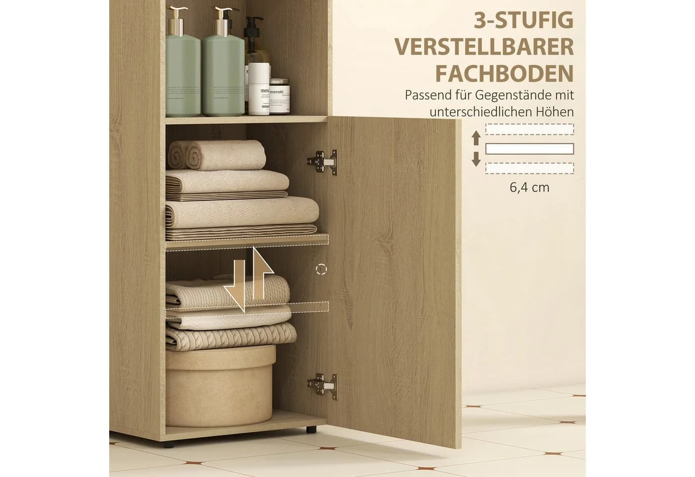 HOMCOM Badkommode 3-stufig verstellbares Regal, Melaminoberfläche, Eiche - Bild 5
