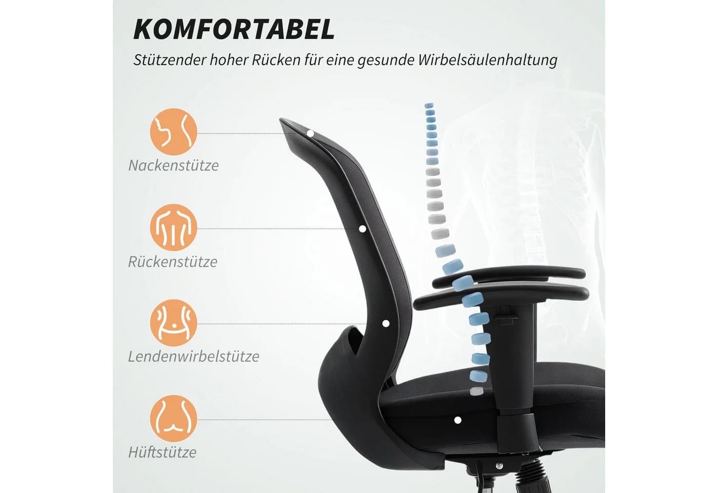 HOMCOM Bürostuhl mit Netzstoff-Rückenlehne Schwarz Kippfunktion - Bild 4