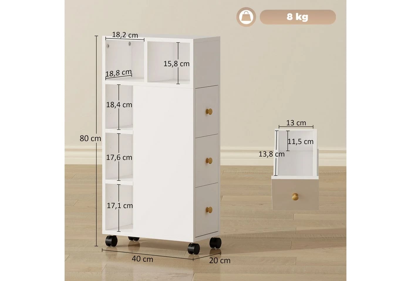 HOMCOM Badkommode mit 4 Rollen, 3 Schubladen, 5 offenen Fächern, Weiß - Bild 3