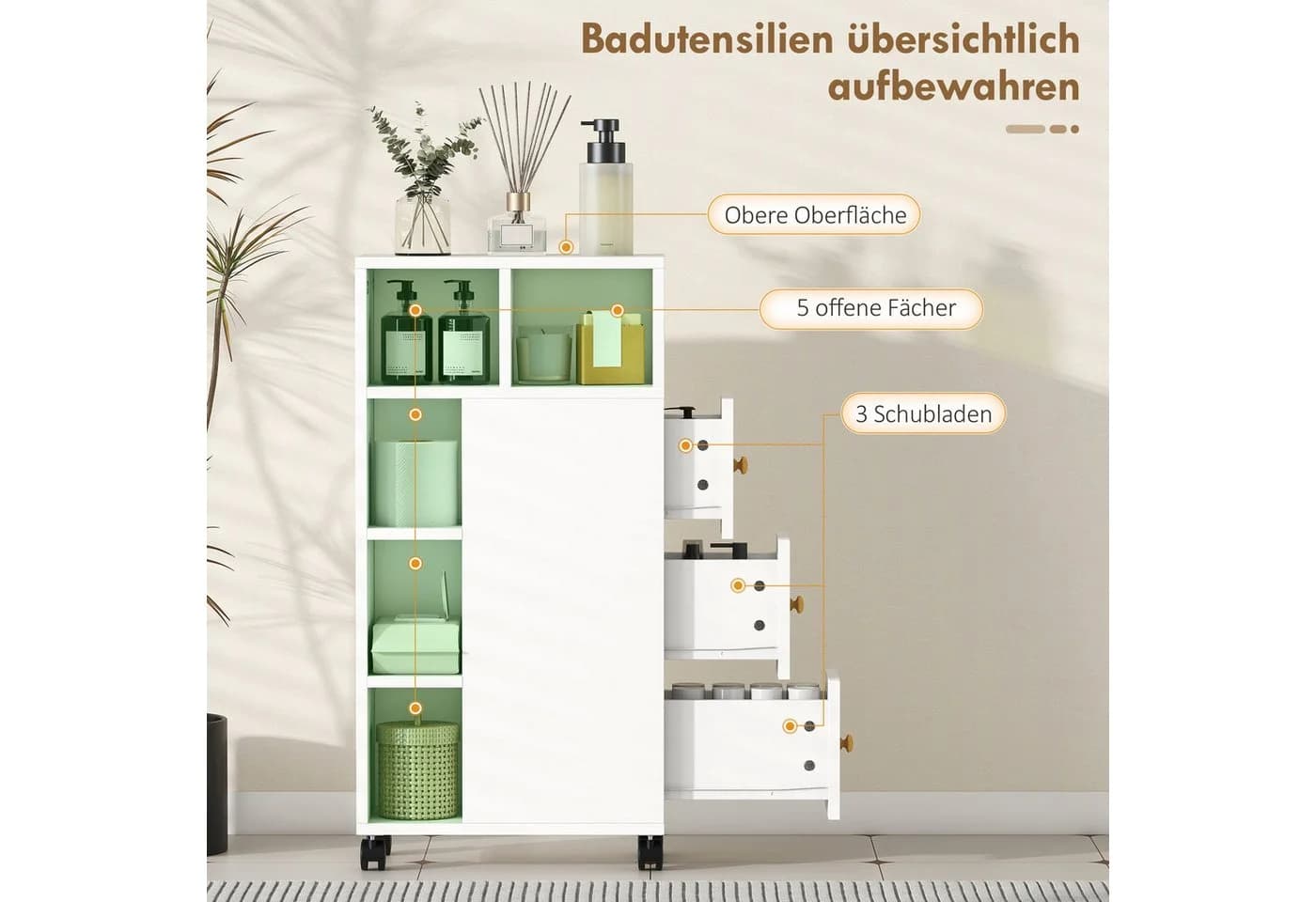 HOMCOM Badkommode mit 4 Rollen, 3 Schubladen, 5 offenen Fächern, Weiß - Bild 4