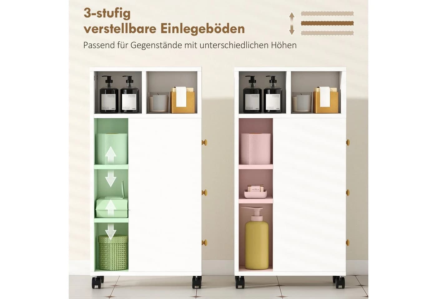 HOMCOM Badkommode mit 4 Rollen, 3 Schubladen, 5 offenen Fächern, Weiß - Bild 5