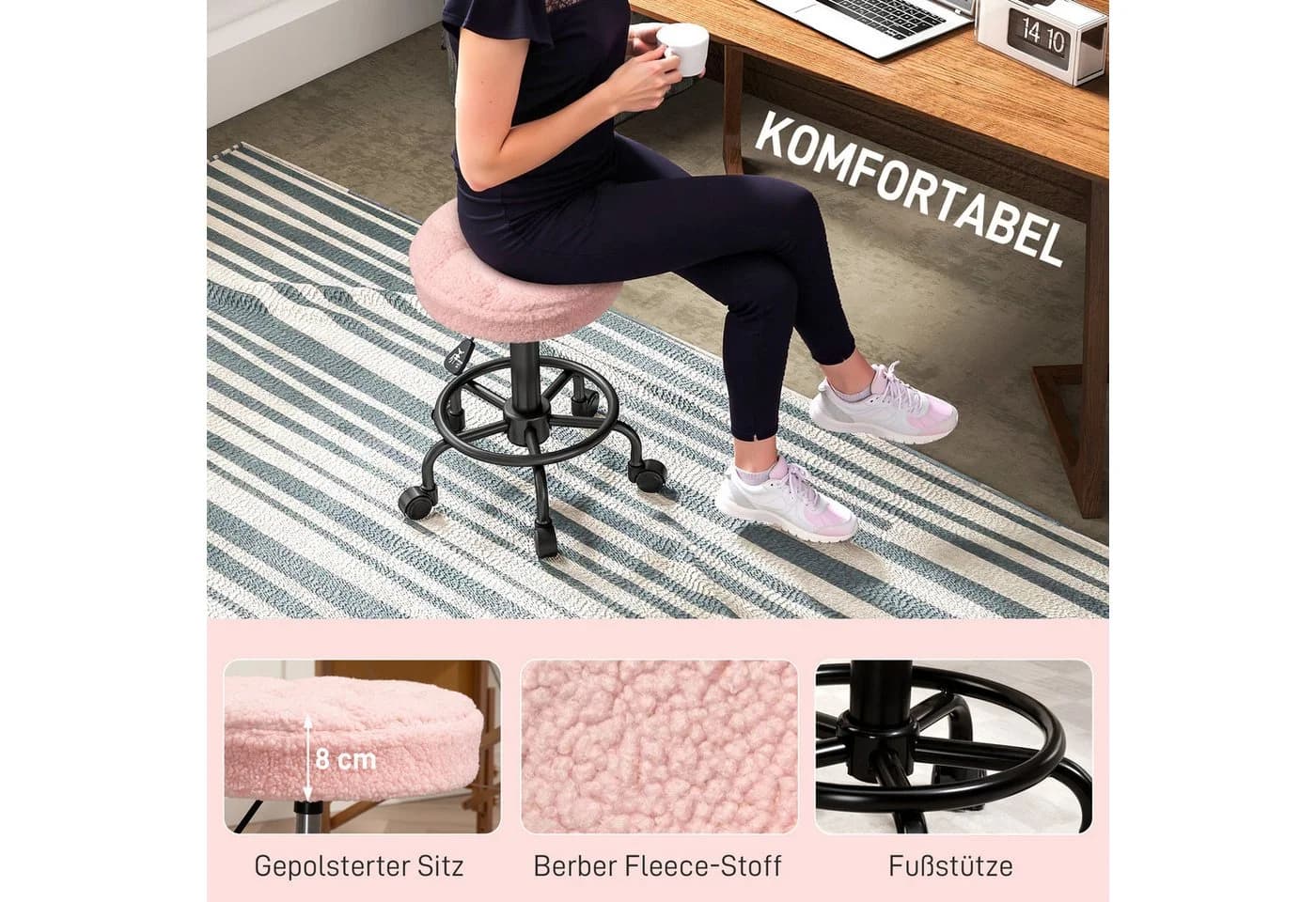 HOMCOM Rosa höhenverstellbarer Rollhocker 360° drehbar - Bild 5