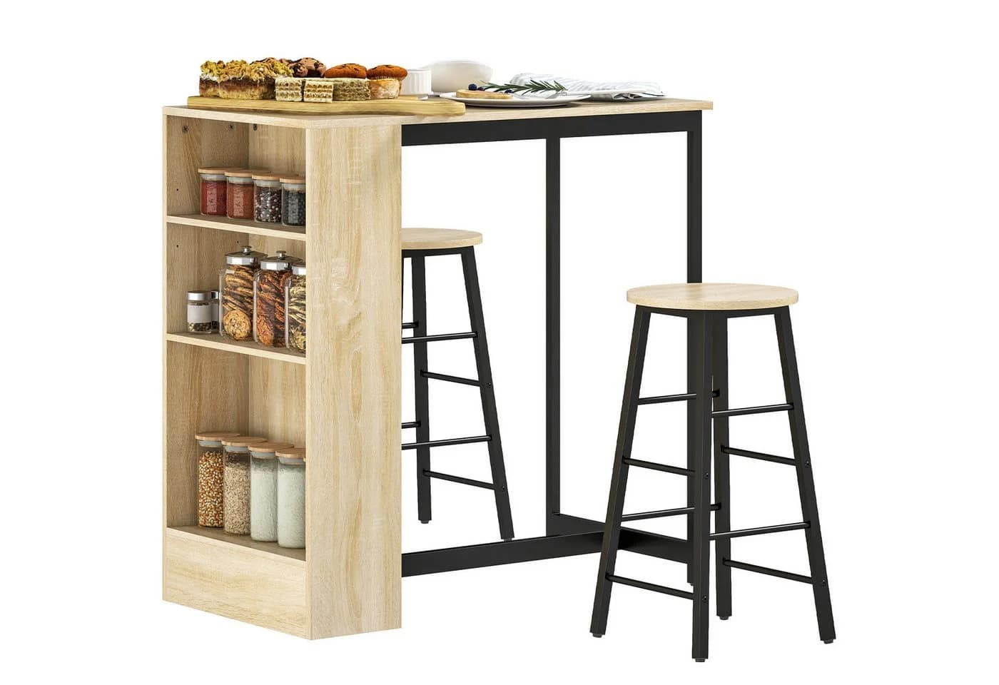 HOMCOM Bartisch-Set 3-tlg. mit 2 Hockern Eiche/Schwarz