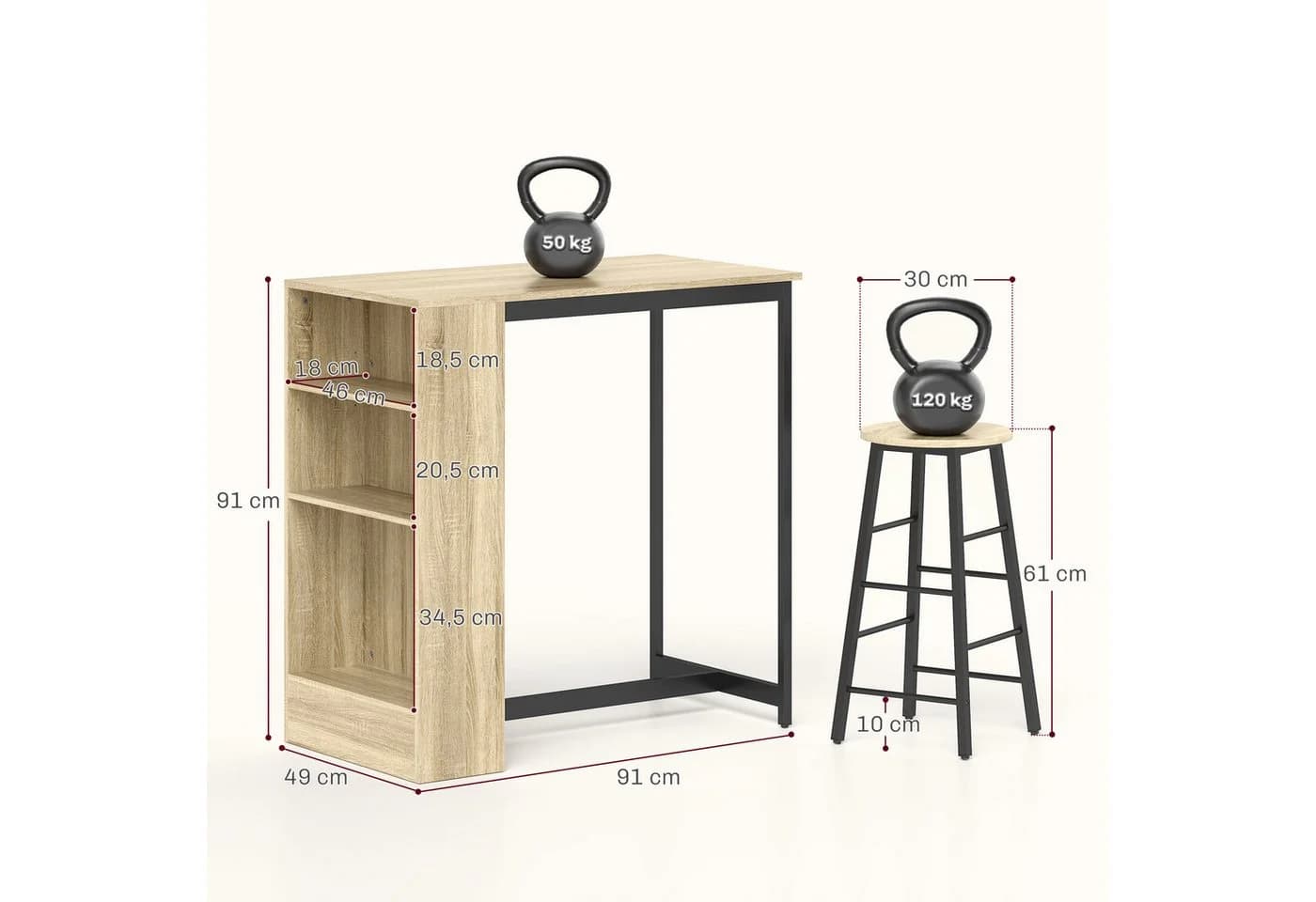 HOMCOM Bartisch-Set 3-tlg. mit 2 Hockern Eiche/Schwarz - Bild 3