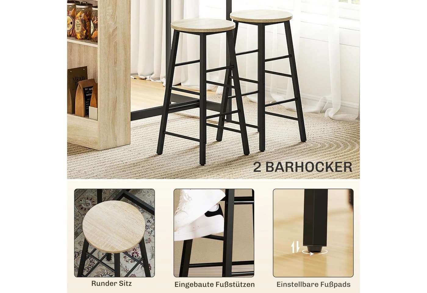 HOMCOM Bartisch-Set 3-tlg. mit 2 Hockern Eiche/Schwarz - Bild 5