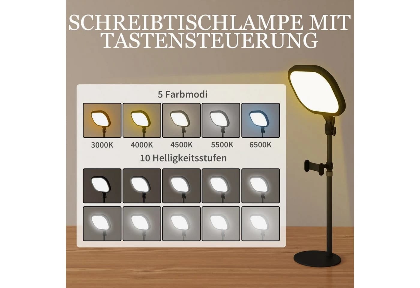 HOMCOM Tischleuchte dimmbare LED-Schreibtischlampe mit Telefonhalterung, 5 Farbmodi, Schwarz - Bild 5