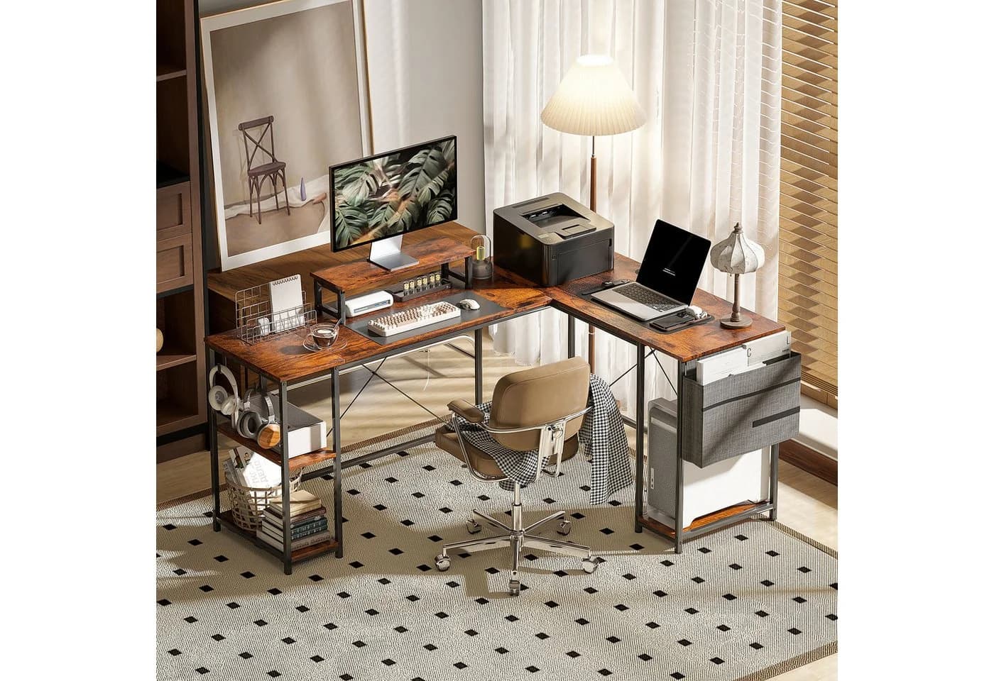 HOMCOM Computertisch Eckschreibtisch 168 x 120 cm mit Ablagefächern, Aufbewahrungstasche, GamingTisch, Rustikal-Braun - Bild 2