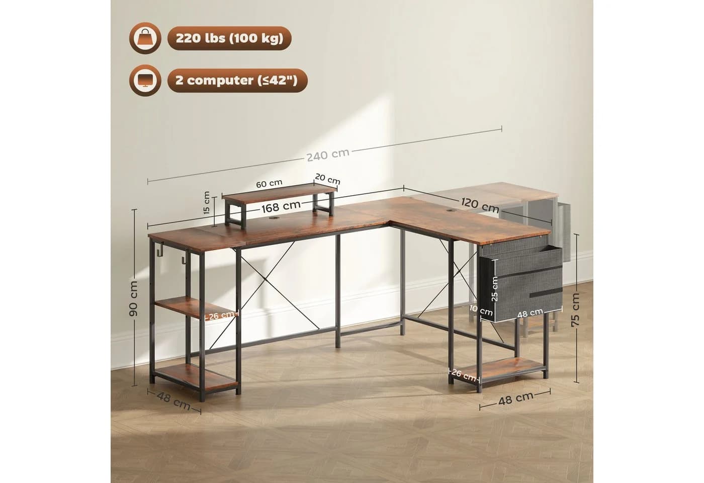 HOMCOM Computertisch Eckschreibtisch 168 x 120 cm mit Ablagefächern, Aufbewahrungstasche, GamingTisch, Rustikal-Braun - Bild 3