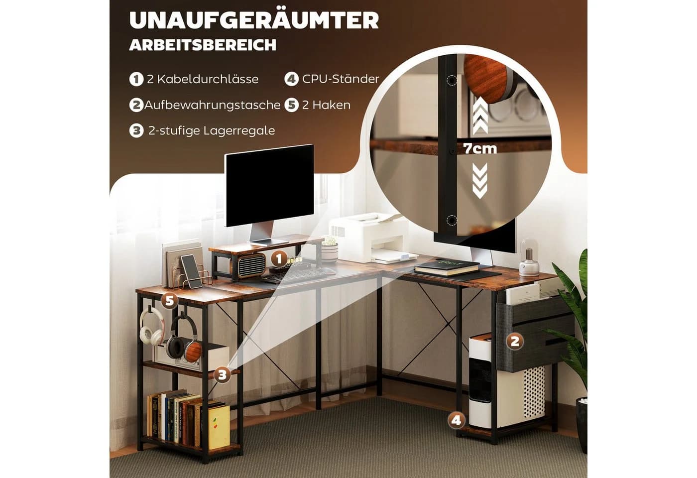 HOMCOM Computertisch Eckschreibtisch 168 x 120 cm mit Ablagefächern, Aufbewahrungstasche, GamingTisch, Rustikal-Braun - Bild 4