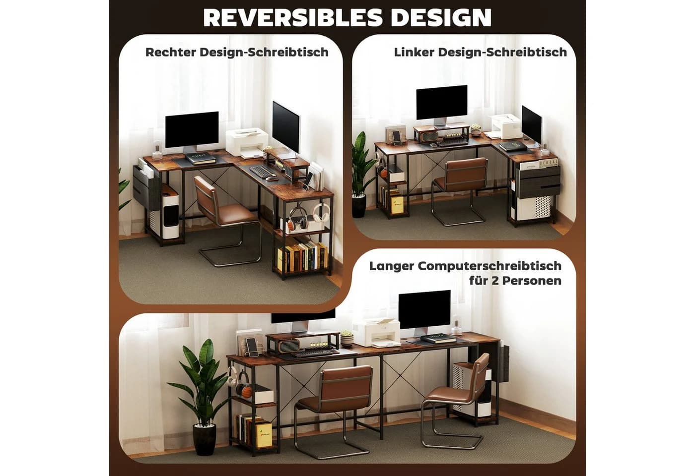 HOMCOM Computertisch Eckschreibtisch 168 x 120 cm mit Ablagefächern, Aufbewahrungstasche, GamingTisch, Rustikal-Braun - Bild 5
