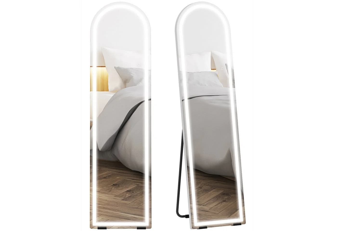 HOMCOM Standspiegel mit LED-Lichtern, 150 x 40 cm, bogenförmig, dimmbar, 3 Lichtfarben