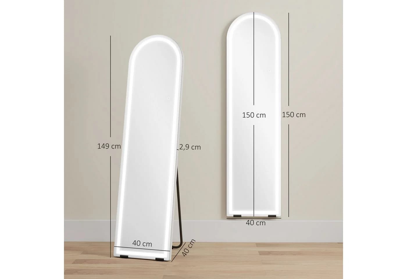 HOMCOM Standspiegel mit LED-Lichtern, 150 x 40 cm, bogenförmig, dimmbar, 3 Lichtfarben - Bild 3