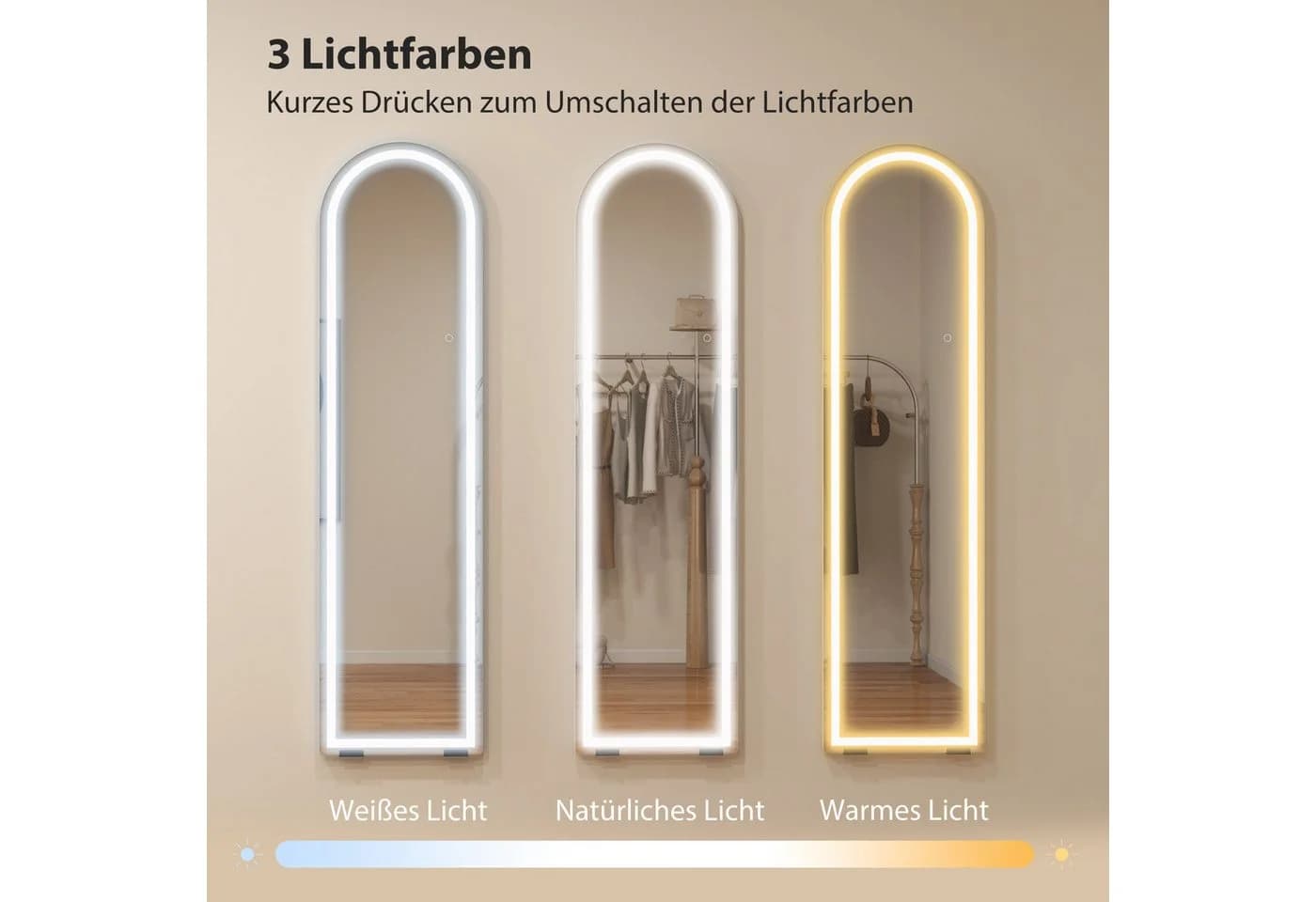 HOMCOM Standspiegel mit LED-Lichtern, 150 x 40 cm, bogenförmig, dimmbar, 3 Lichtfarben - Bild 4